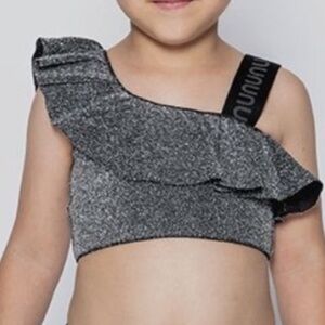 Nununu Silver Glitter Logo One-Shoulder Swim Top